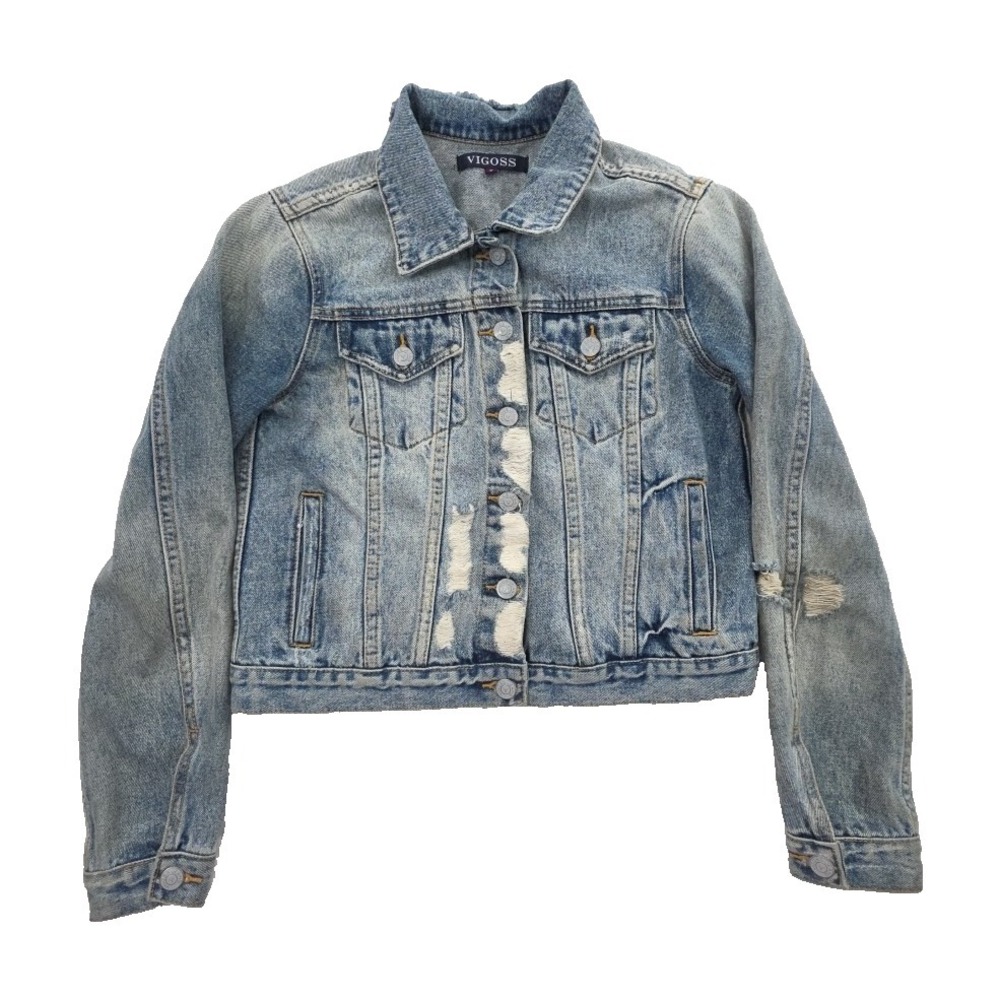 Vigoss Denim Biker Jacket Women's S Med Wash Distressed All Cotton J11880A EUC - Picture 1 of 14